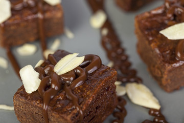 Close up of almond topped chocolate brownies