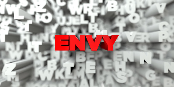ENVY -  Red text on typography background - 3D rendered royalty free stock image. This image can be used for an online website banner ad or a print postcard.
