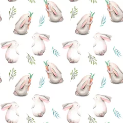 Wall murals Rabbit Seamless pattern with watercolor rabbits and green branches, hand drawn isolated on a white background