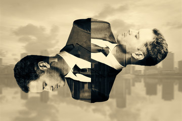 Abstract businessmen portraits on city background