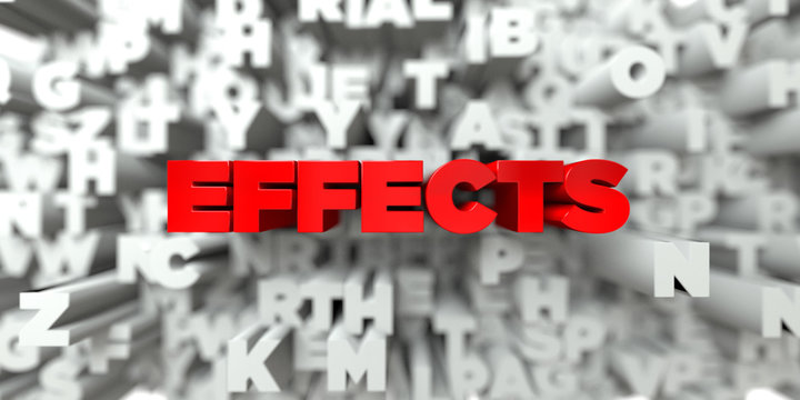 EFFECTS -  Red text on typography background - 3D rendered royalty free stock image. This image can be used for an online website banner ad or a print postcard.