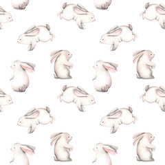 Modèle sans couture avec des lapins aquarelles, dessinés à la main isolé sur fond blanc