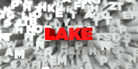 LAKE -  Red text on typography background - 3D rendered royalty free stock image. This image can be used for an online website banner ad or a print postcard.