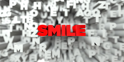 SMILE -  Red text on typography background - 3D rendered royalty free stock image. This image can be used for an online website banner ad or a print postcard.