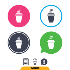 Take a Coffee sign icon. Hot Coffee cup. Report document, information sign and light bulb icons. Vector