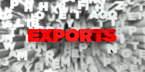 EXPORTS -  Red text on typography background - 3D rendered royalty free stock image. This image can be used for an online website banner ad or a print postcard.