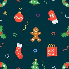 Seamless flat Christmas pattern of traditional decoration elements