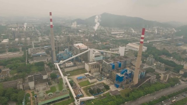 Aerial view of a massive petrochemical facility oil refinery plant in Guangzhou, China