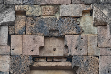 Mortarless stone block wall, Banteay Srey Temple, Siem Reap, Angkor, Cambodia