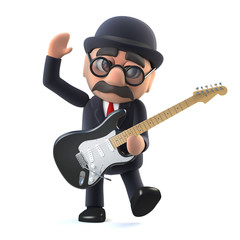 3d Bowler hatted British businessman plays electric guitar