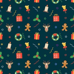 Seamless flat Christmas pattern of traditional decoration elements
