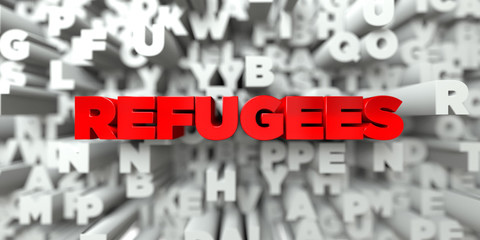 REFUGEES -  Red text on typography background - 3D rendered royalty free stock image. This image can be used for an online website banner ad or a print postcard.