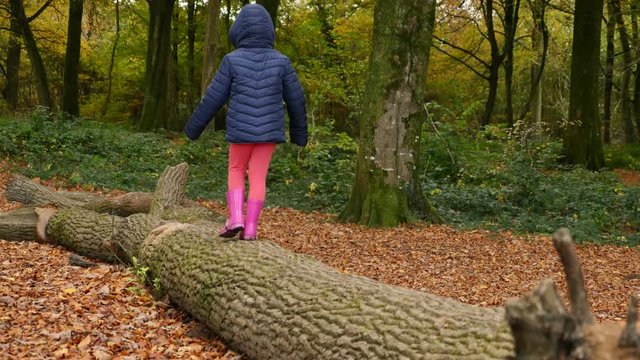 jeune fille en &eacute;quilibre sur un tronc (4k)