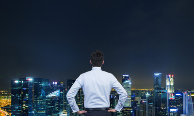Businessman looking at night city panorama