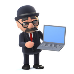 3d Bowler hatted British businessman has a laptop