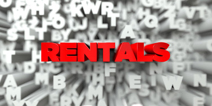 RENTALS -  Red text on typography background - 3D rendered royalty free stock image. This image can be used for an online website banner ad or a print postcard.