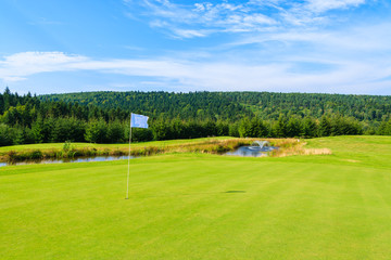 Obraz premium Green golf course area in Arlamow village, Bieszczady Mountains, Poland