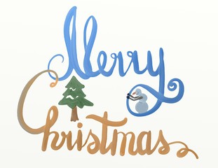 merry christmas watercolor lettering with the tree and snowman