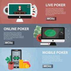 Vector flat horizontal banners of live, online and mobile poker for websites. Business concept of casino marketing, game of chance and gambling. Set of casino elements.