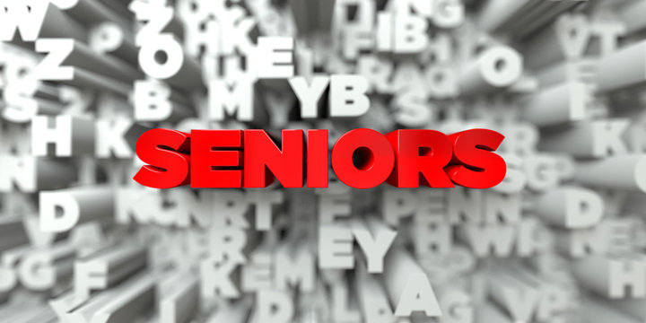 SENIORS -  Red text on typography background - 3D rendered royalty free stock image. This image can be used for an online website banner ad or a print postcard.