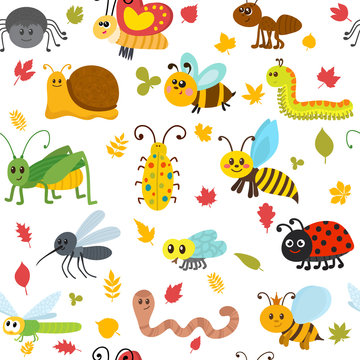 Cute cartoon seamless pattern with insects and leaves. Funny bac