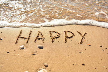 the inscription on the sand near the sea on a sunny day