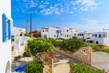 View of street with typical Greek houses in Naoussa town, Paros island, Greece