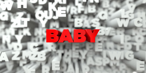 BABY -  Red text on typography background - 3D rendered royalty free stock image. This image can be used for an online website banner ad or a print postcard.