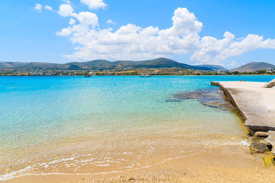 View of beautiful beach with azure sea water on Paros island, Greece