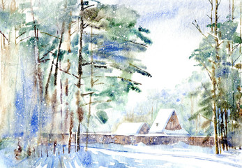 Landscape with village in winter.Snowy pine forest with sun light.Watercolor hand drawn illustration.