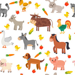 Seamless pattern with farm animals, vegetables and fruits. Cute