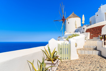 Typical white windmill on street of Oia village, Santorini island, Greece