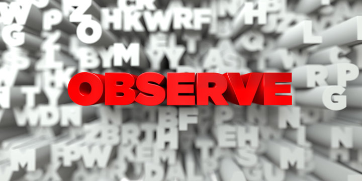 OBSERVE -  Red text on typography background - 3D rendered royalty free stock image. This image can be used for an online website banner ad or a print postcard.