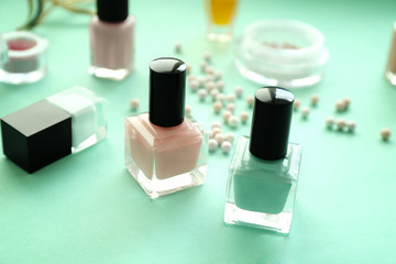 Set of decorative cosmetics on color background