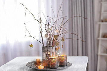 Christmas composition on white wooden table