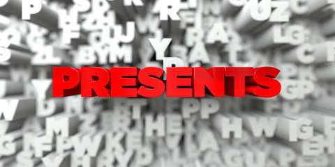 PRESENTS -  Red text on typography background - 3D rendered royalty free stock image. This image can be used for an online website banner ad or a print postcard.