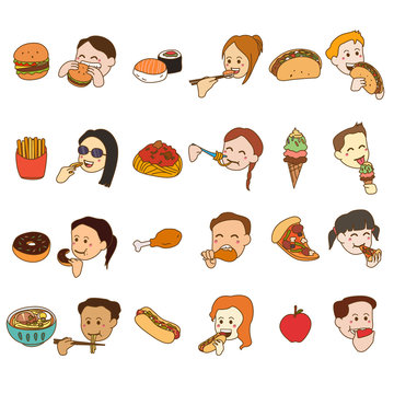 Icon Set of People Eating and Food