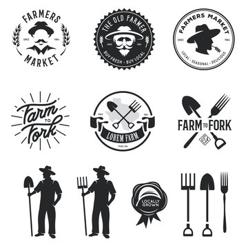 Farmers market set of labels badges emblems. Vector vintage illustration.