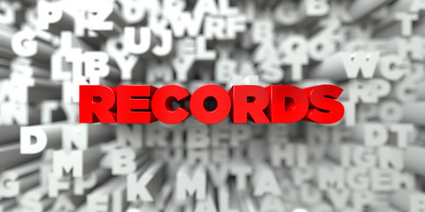 RECORDS -  Red text on typography background - 3D rendered royalty free stock image. This image can be used for an online website banner ad or a print postcard.
