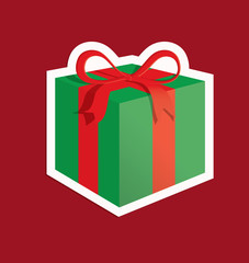 A vector illustration of a green Christmas present with a red ribbon with a white outline on a dark red background