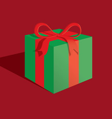 A vector illustration of a green Christmas present with a red ribbon on a dark red background