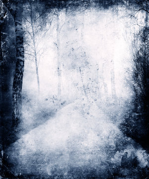 Abstract Blue Grunge Background With Trees And Path