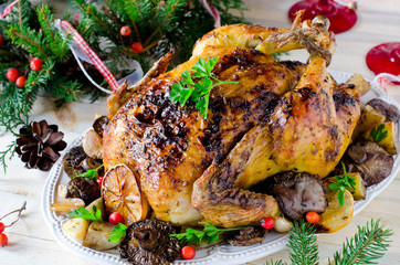 Christmas chicken (turkey) baked with mushrooms and potatoes
