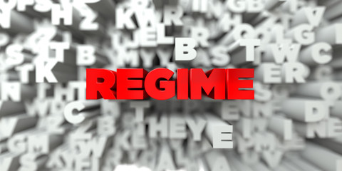 REGIME -  Red text on typography background - 3D rendered royalty free stock image. This image can be used for an online website banner ad or a print postcard.
