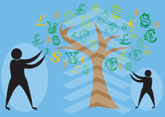 Money tree with various money signs as leaves