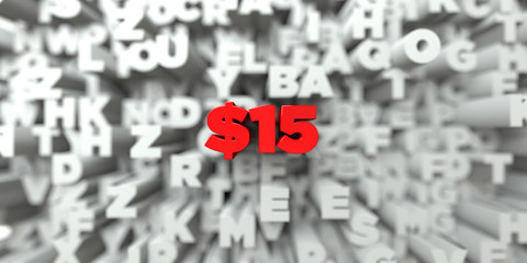 $15 -  Red text on typography background - 3D rendered royalty free stock image. This image can be used for an online website banner ad or a print postcard.
