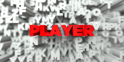 PLAYER -  Red text on typography background - 3D rendered royalty free stock image. This image can be used for an online website banner ad or a print postcard.