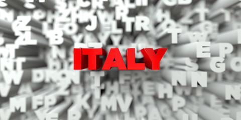 ITALY -  Red text on typography background - 3D rendered royalty free stock image. This image can be used for an online website banner ad or a print postcard.