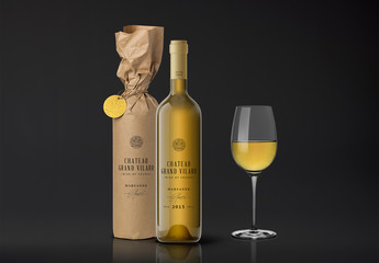 Wrapped and Unwrapped Wine Bottle with Glass Mockup