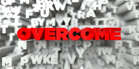 OVERCOME -  Red text on typography background - 3D rendered royalty free stock image. This image can be used for an online website banner ad or a print postcard.